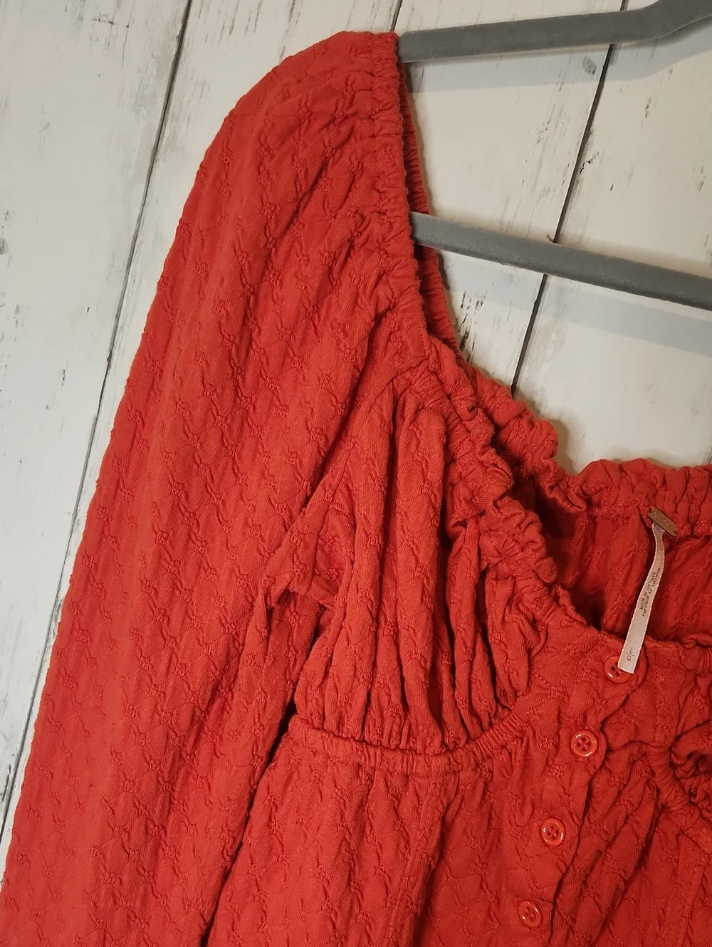 Free People Orange Textured Peasant Crop Top | Long Balloon Sleeves | Large